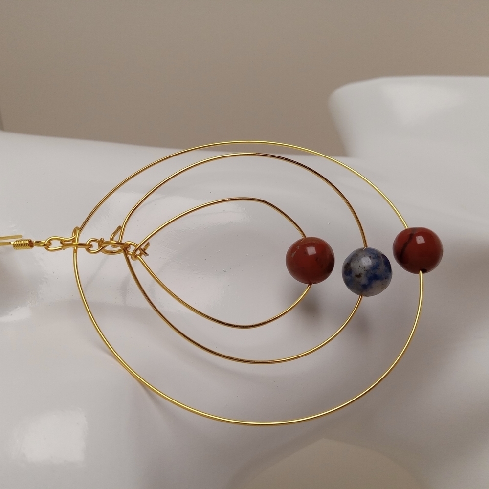 Elegant Gold Earrings with Red Agate And Blue Jasper - Picture 4 of 5